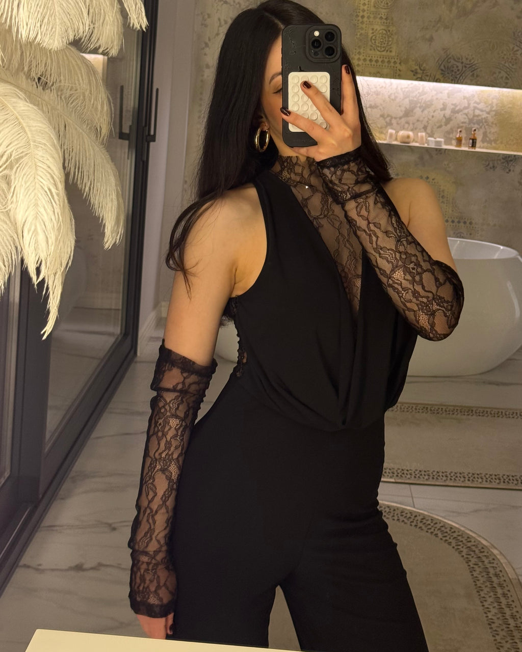 HİLORA Noir Siyah Dantel Detaylı Tulum