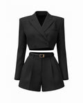 HİLORA City Chic Siyah Crop Blazer & Kemerli Şort Takım