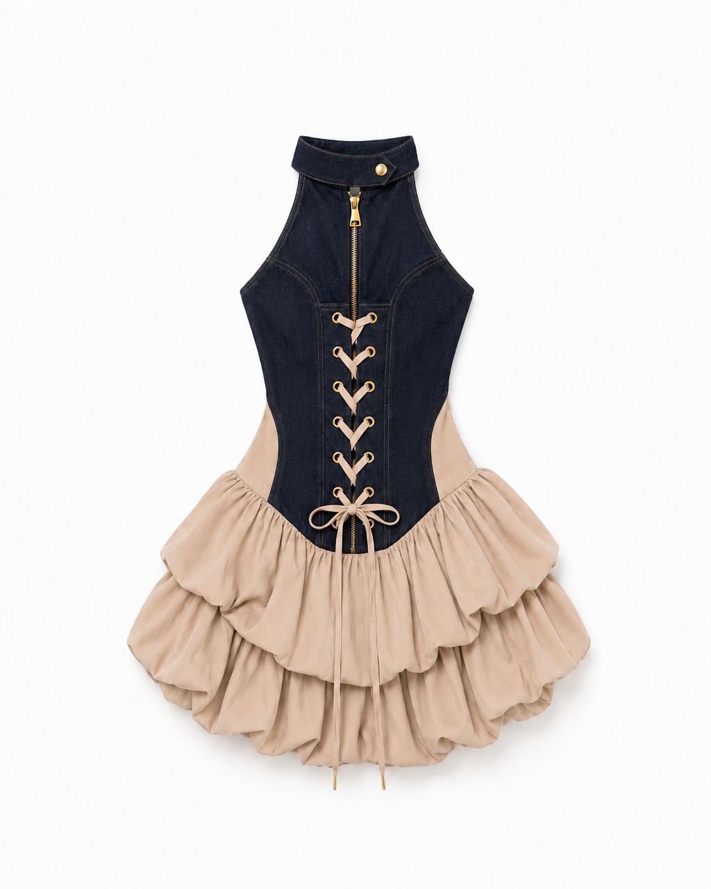 HİLORA Denim Corset Ruffle  Bubble Mini Dress